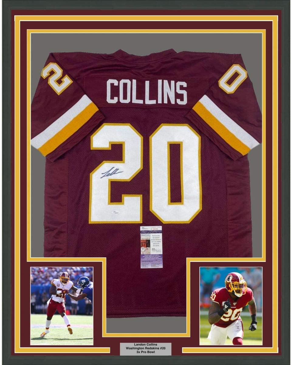 Framed Autographed/Signed Landon Collins 35x39 Washington Burgundy Football Jersey JSA COA