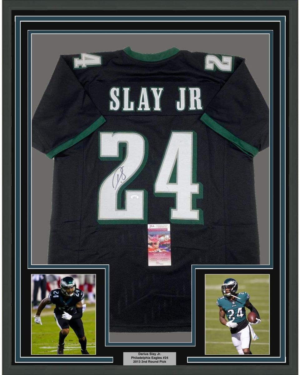 Framed Autographed/Signed Darius Slay Jr. 35x39 Philadelphia Black Football Jersey JSA COA