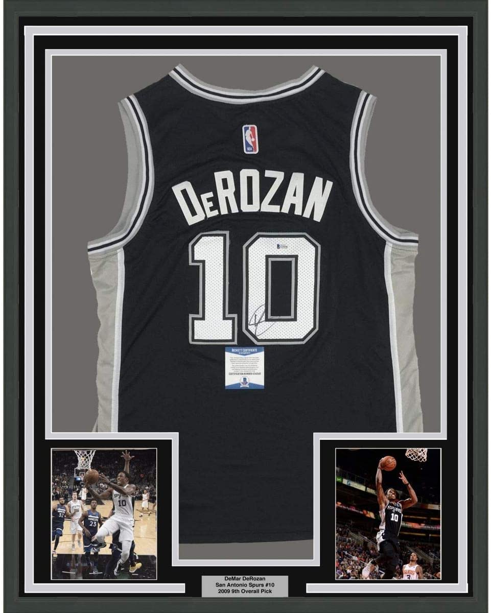 Framed Autographed/Signed DeMar DeRozan 35x39 San Antonio Black Basketball Jersey Beckett BAS COA