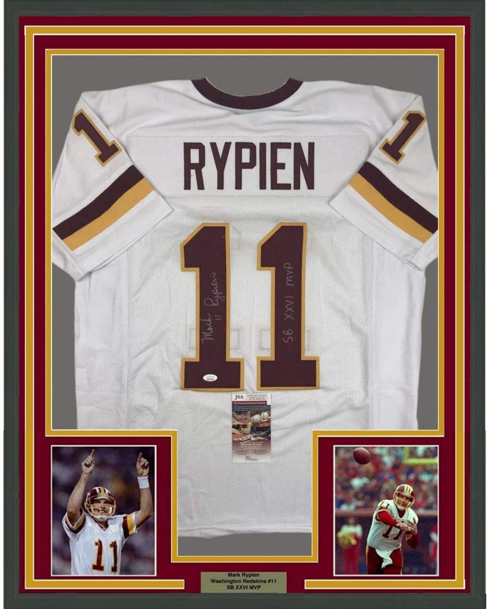 Framed Autographed/Signed Mark Rypien SB XXVI MVP 35x39 Washington White Football Jersey JSA COA