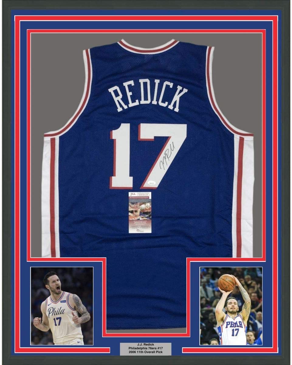 Framed Autographed/Signed JJ J.J. Redick 35x39 Philadelphia Blue Basketball Jersey JSA COA