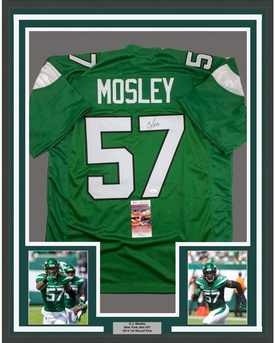 Framed Autographed/Signed CJ C.J. Mosley 35x39 New York Green Football Jersey JSA COA