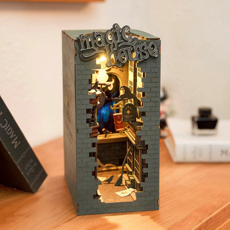 DIY Wooden Book Nook Kit – Sakura Densya Miniature Dollhouse with LED Light