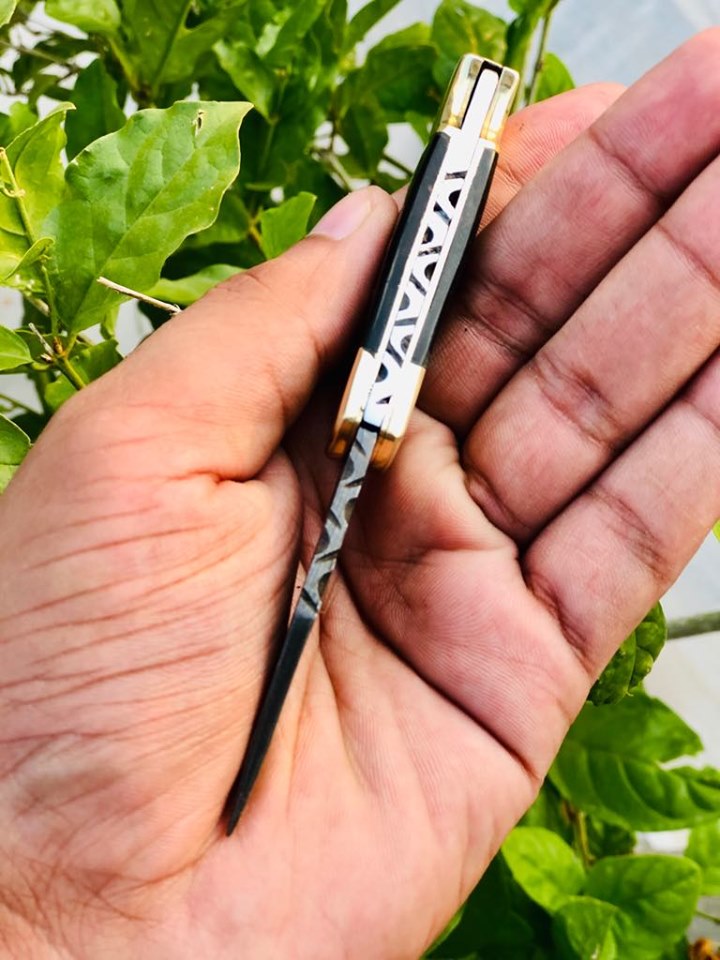 Custom Handmade Damascus Steel Small Folding Pocket Knife with Buffalo Horn Handle and Leather Case by KBS Knives Store.