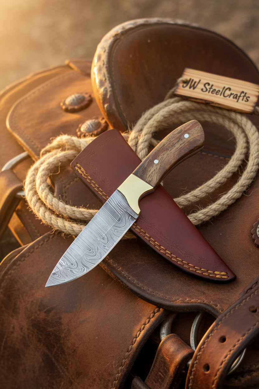 Handmade Damascus Field Knife 8” Bushcraft Knife Wood Handle with Leather Sheath