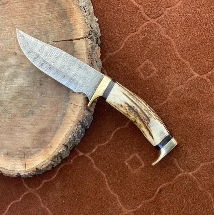 Custom Handmade Damascus Steel Hunting Knife with Antler Horn Handle & Brass Guards – 10" | KBS Knives