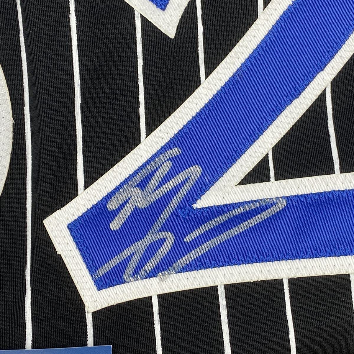 Autographed/Signed Shaquille Shaq O'Neal Orlando Black Pinstripe Basketball Jersey Beckett BAS COA