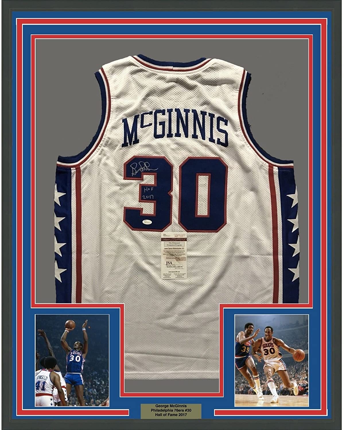 Framed Autographed/Signed George McGinnis HOF 2017 35x39 Philadelphia White Basketball Jersey JSA COA