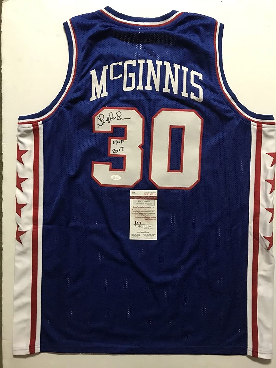 Autographed/Signed George McGinnis HOF 17 Philadelphia Blue Basketball Jersey JSA COA