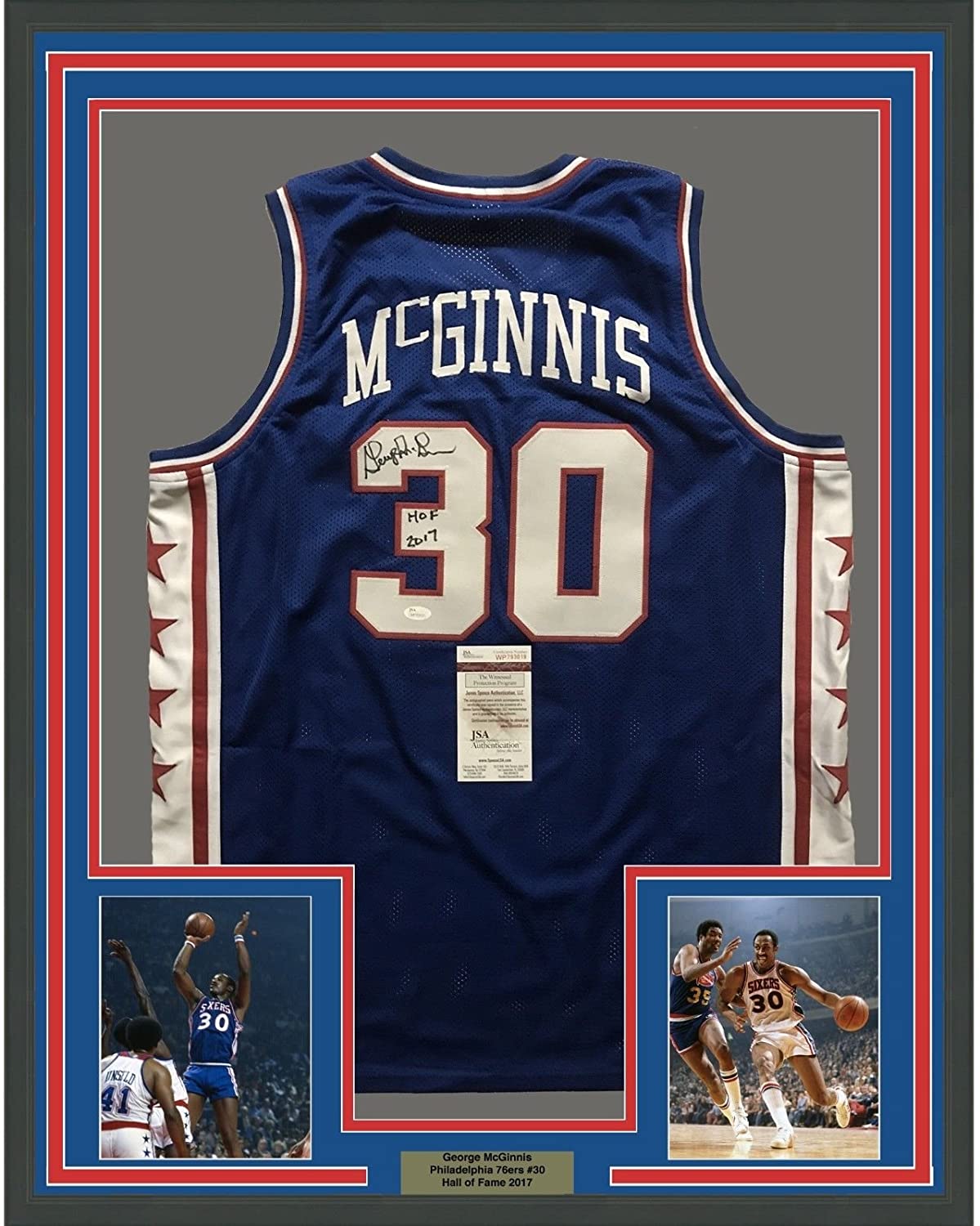 Framed Autographed/Signed George McGinnis HOF 2017 35x39 Philadelphia Blue Basketball Jersey JSA COA