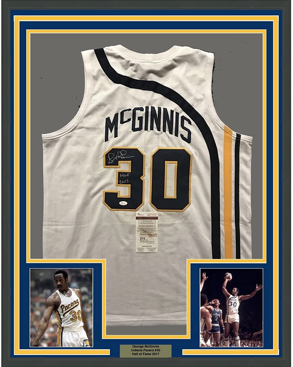 Framed Autographed/Signed George McGinnis HOF 17 35x39 Indiana White Basketball Jersey JSA COA