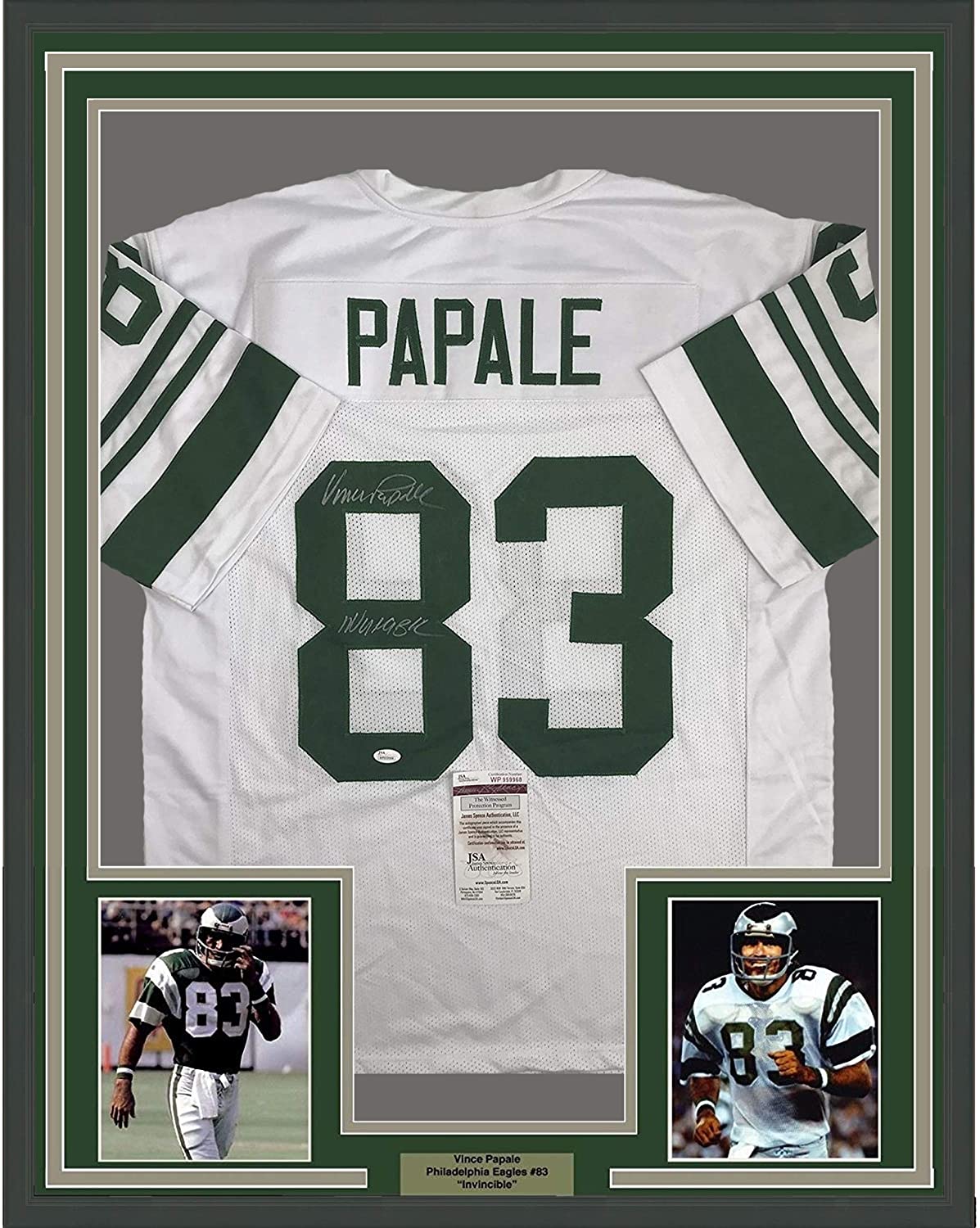 Framed Autographed/Signed Vince Papale Invincible 35x39 Philadelphia White Football Jersey JSA COA