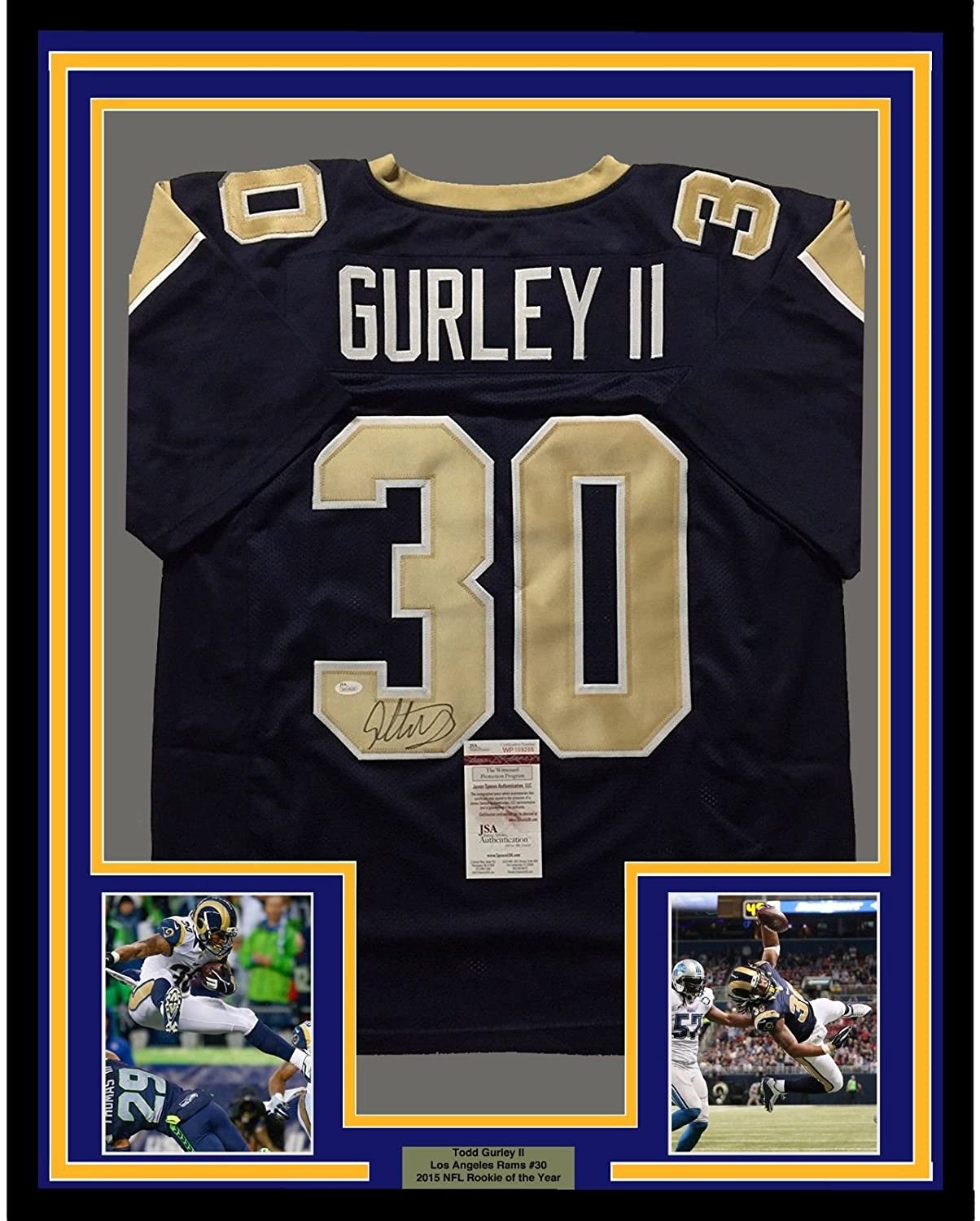 Framed Autographed/Signed Todd Gurley II 35x39 Los Angeles LA Rams Dark Blue Football Jersey JSA COA
