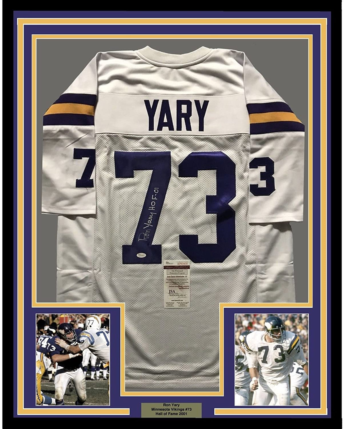 Framed Autographed/Signed Ron Yary HOF 01 35x39 Minnesota Vikings White Football Jersey JSA COA