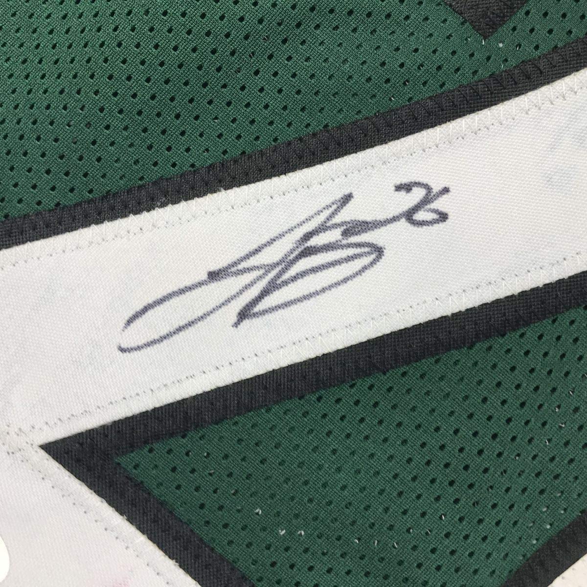 Framed Autographed/Signed Le'Veon LeVeon Bell 35x39 New York Green Football Jersey JSA COA