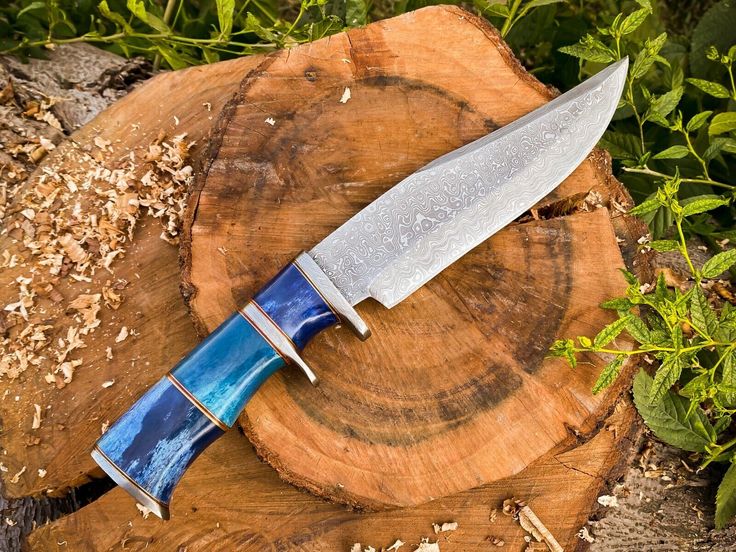 14-Inch Raindrops Damascus Steel Hunting Bowie Knife | Custom Handcrafted with Colored Bone Handle & Leather Sheath | KBS Knives