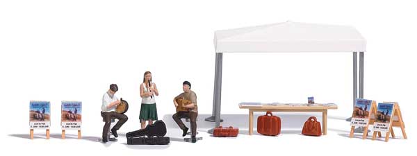 Busch 7846 HO Scale Street Musicians -- 3 Musicians, Table, Signs, Pop-Up Canopy