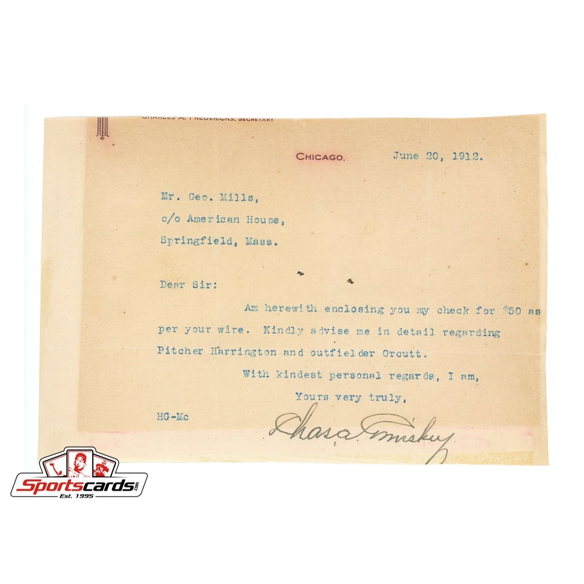 Charles Comiskey (d.1931) Signed Autographed Typed Letter JSA LOA