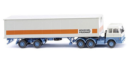Wiking 52705 HO Scale 1969-1970 Hanomag-Henschel Tractor with Fruehauf Container, Chassis - Assemb -- Henschel Fruehauf (gray, turquoise, orange, German Lettering)