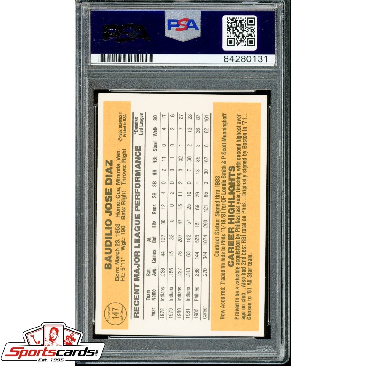 Bo Diaz Signed Autographed 1983 Donruss Card PSA/DNA #147 Phillies