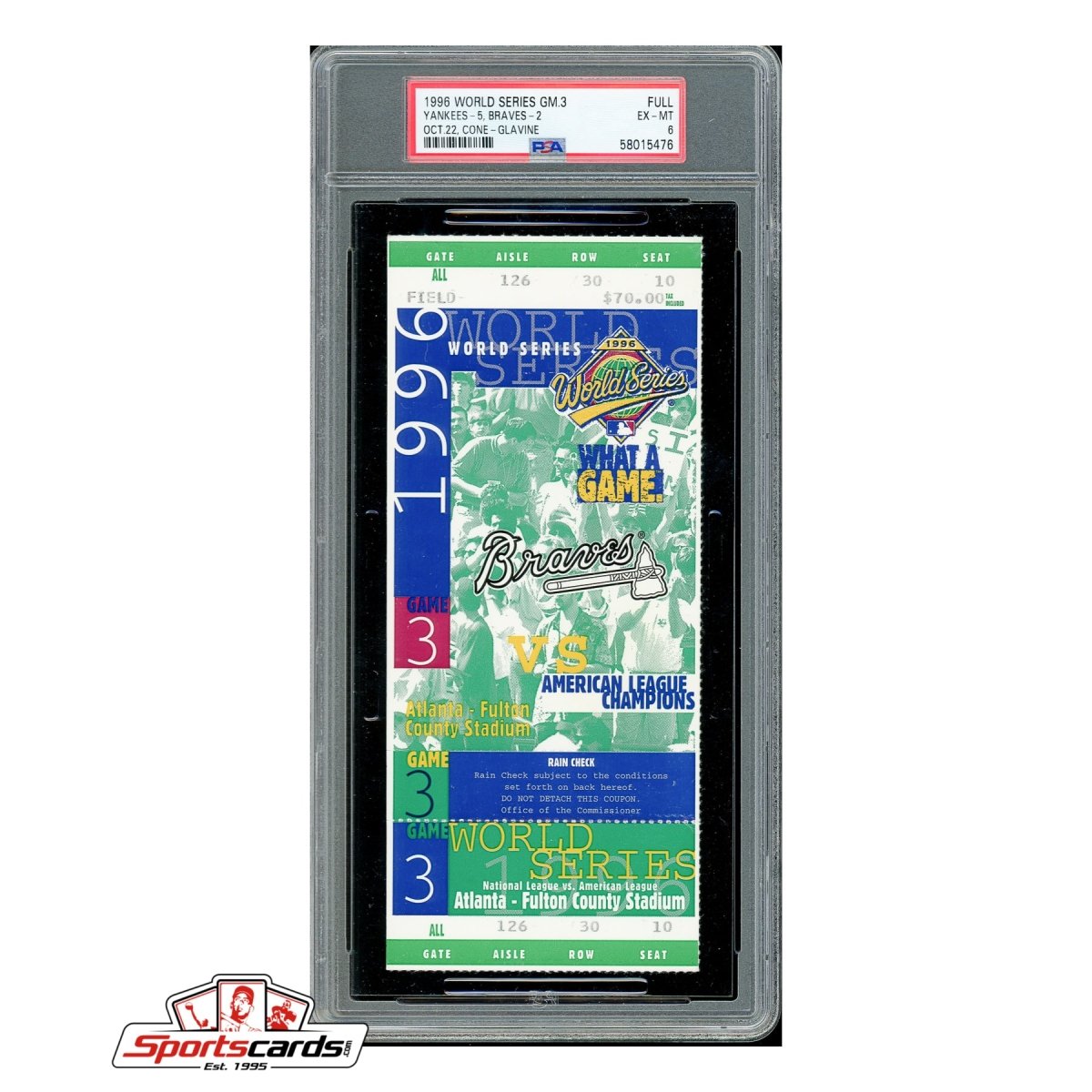 1996 World Series Game 3 Full Ticket PSA EX-MT 6 MLB Yankees vs. Braves