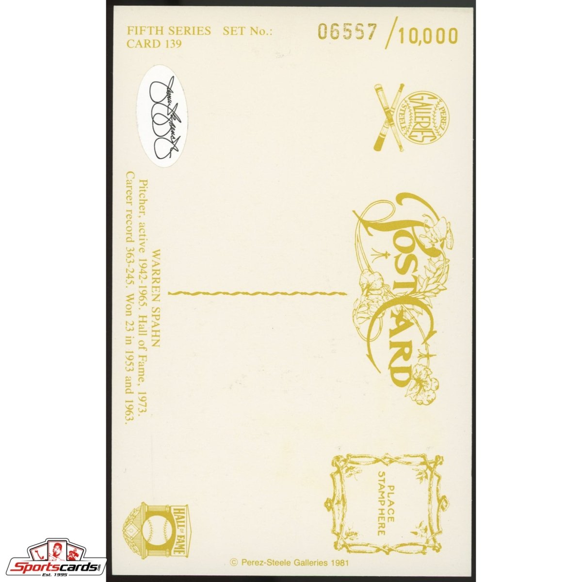 Warren Spahn Signed Perez-Steele Postcard JSA