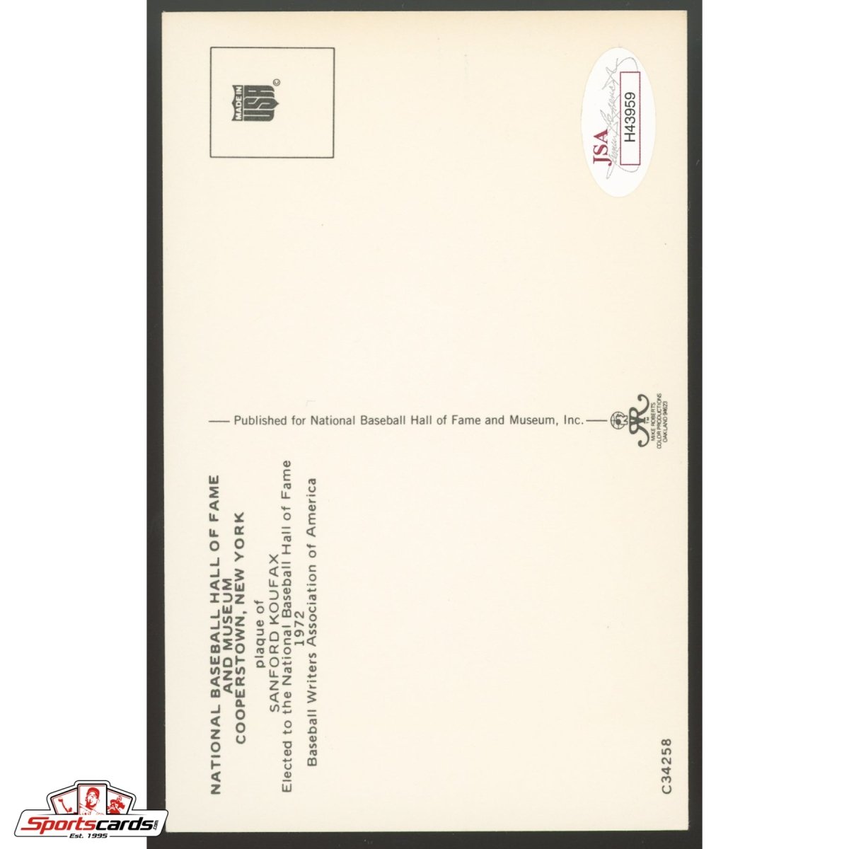 Sandy Koufax Signed Auto Hall of Fame HOF Postcard - JSA