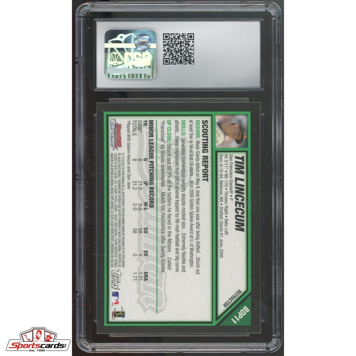 2007 Bowman Draft Chrome Refractor Tim Lincecum RC CSG 9.5 #BDP11