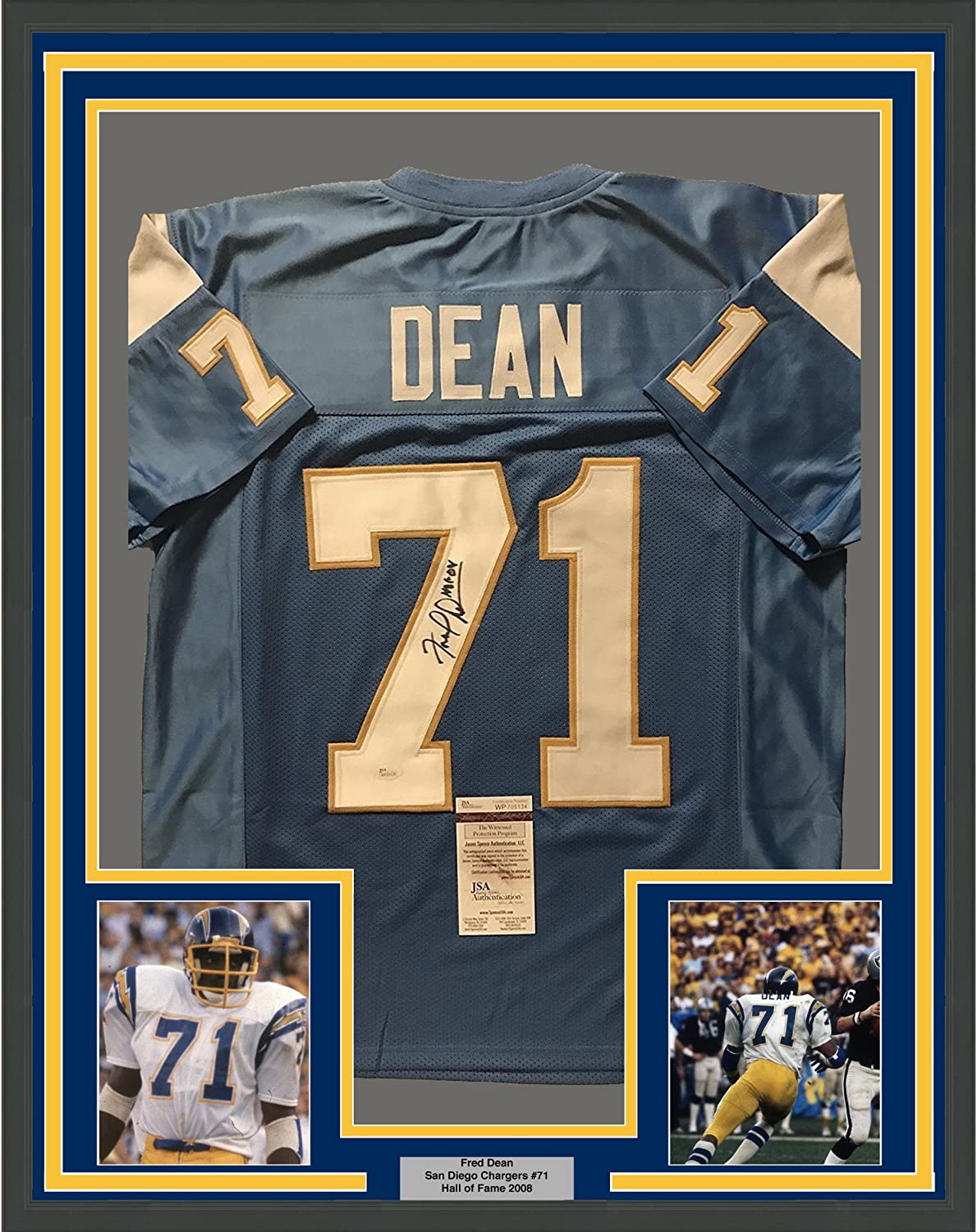Framed Autographed/Signed Fred Dean HOF 08 35x39 San Diego Chargers Powder Blue Football Jersey JSA COA