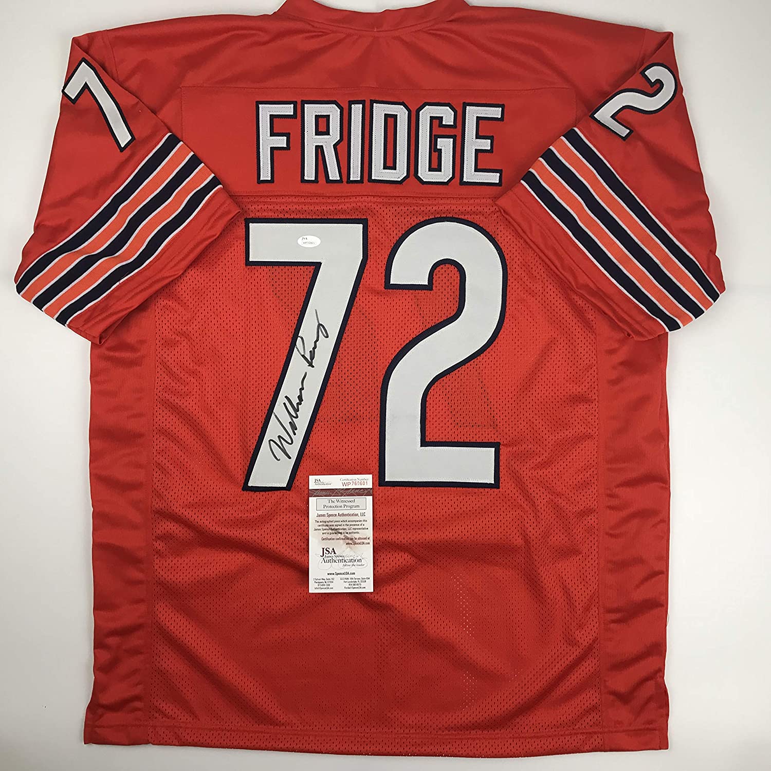 Autographed/Signed William Perry Fridge The Refrigerator Chicago Orange Football Jersey JSA COA