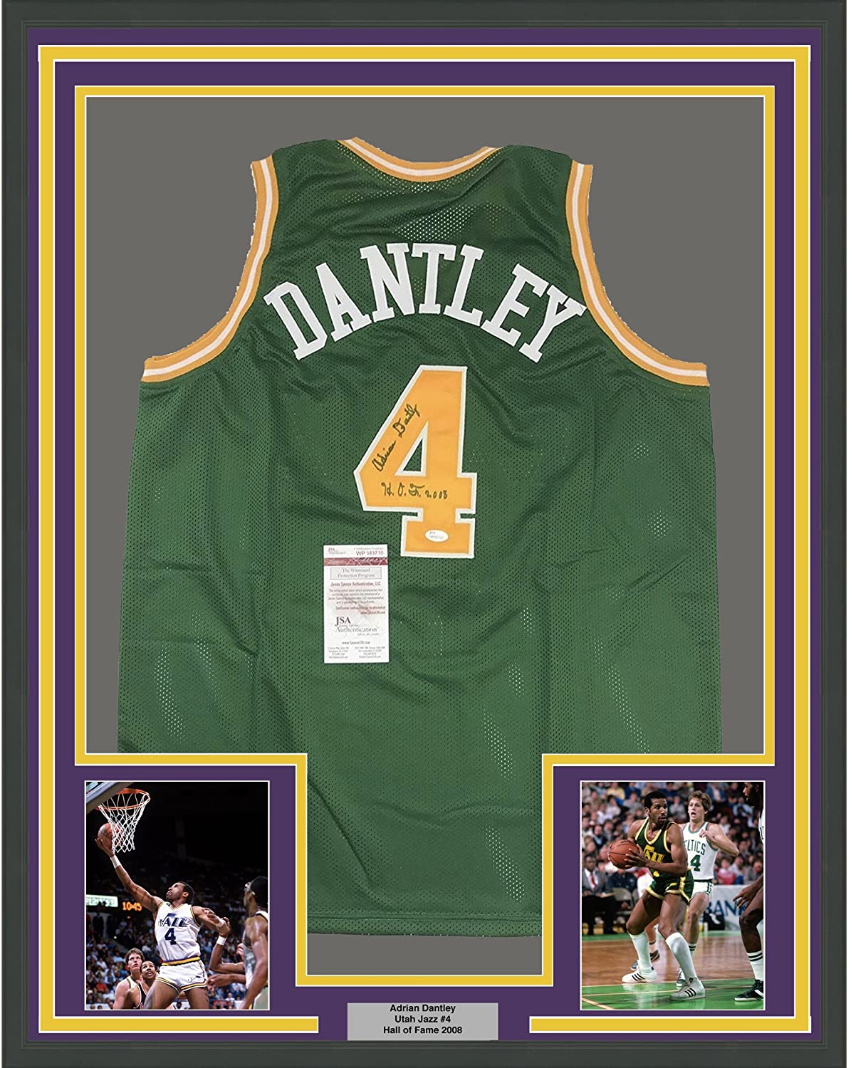 Framed Autographed/Signed Adrian Dantley HOF 2008 35x39 Utah Green Basketball Jersey JSA COA