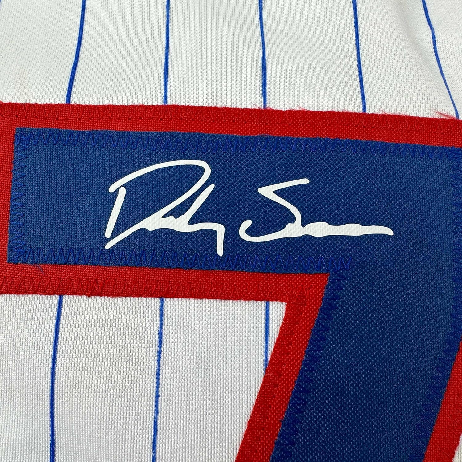 Framed Facsimile Autographed Dansby Swanson 35x39 Chicago Pinstripe Reprint Laser Auto Baseball Jersey
