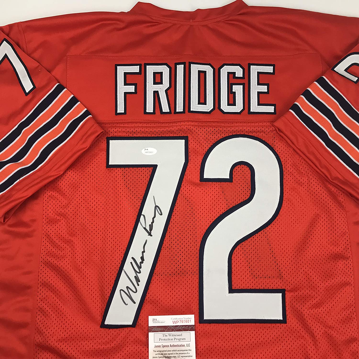Autographed/Signed William Perry Fridge The Refrigerator Chicago Orange Football Jersey JSA COA