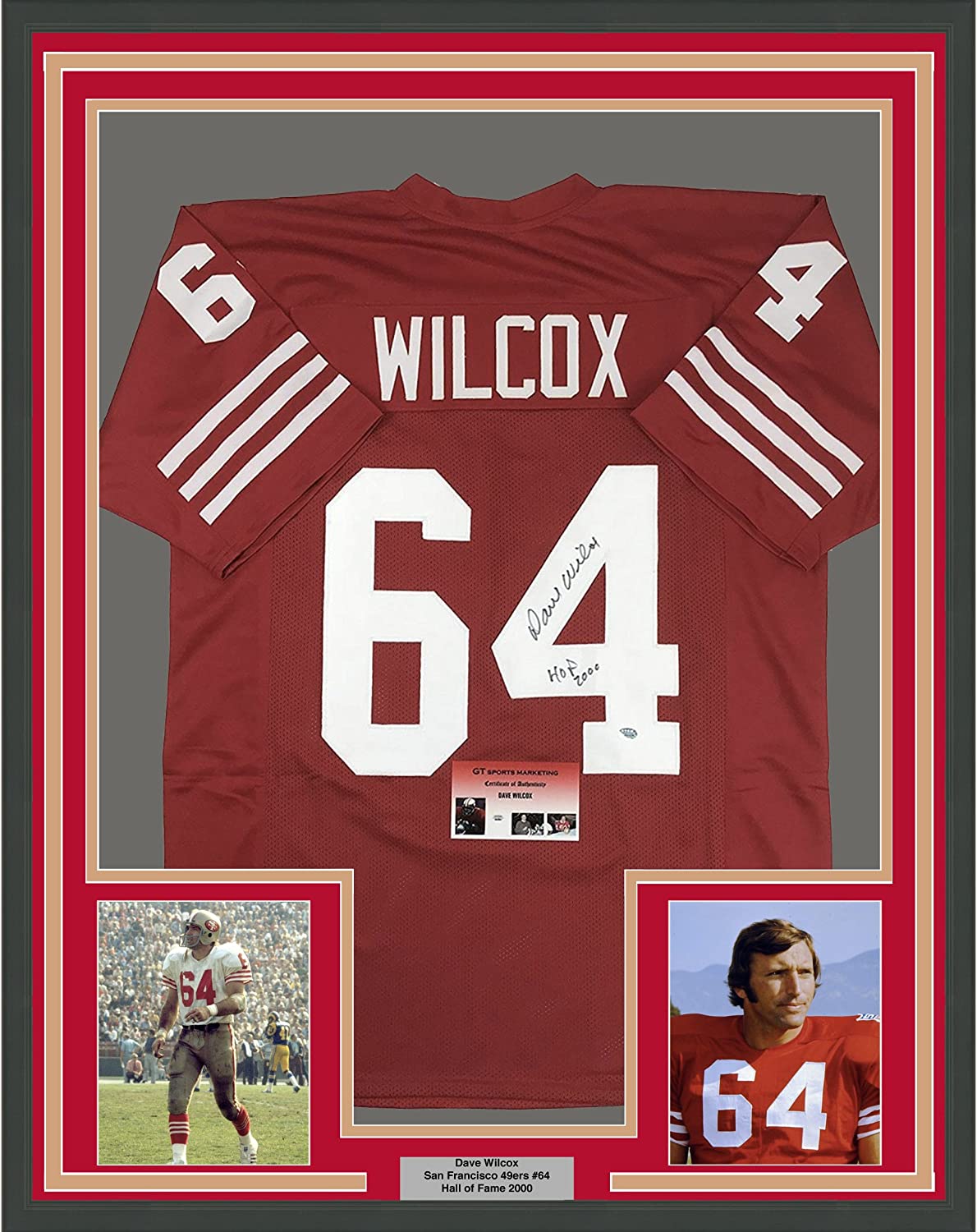 Framed Autographed/Signed Dave Wilcox HOF 2000 35x39 San Francisco 49ers Red Football Jersey GTSM COA