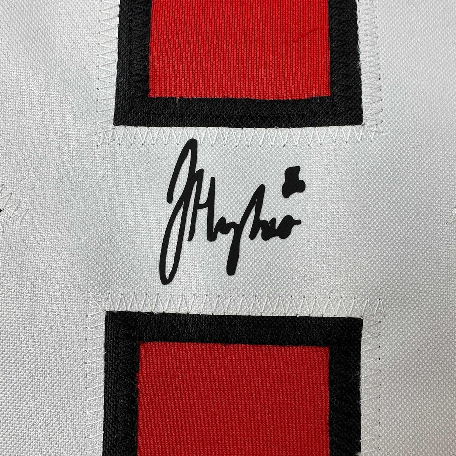 Framed Facsimile Autographed Jack Hughes 35x39 New Jersey Red Reprint Laser Auto Hockey Jersey