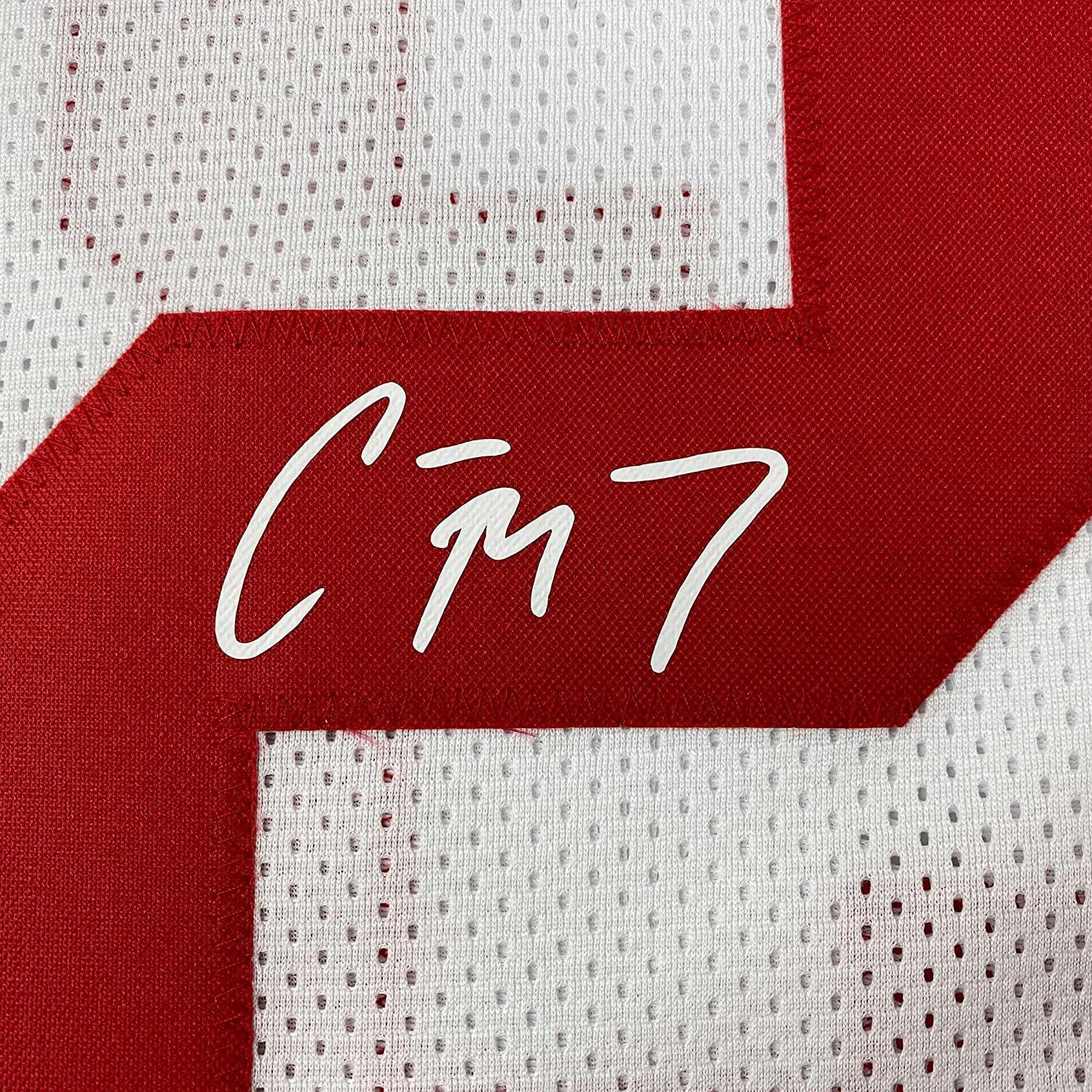 Framed Facsimile Autographed Christian McCaffrey 35x39 San Francisco White Reprint Laser Auto Football Jersey