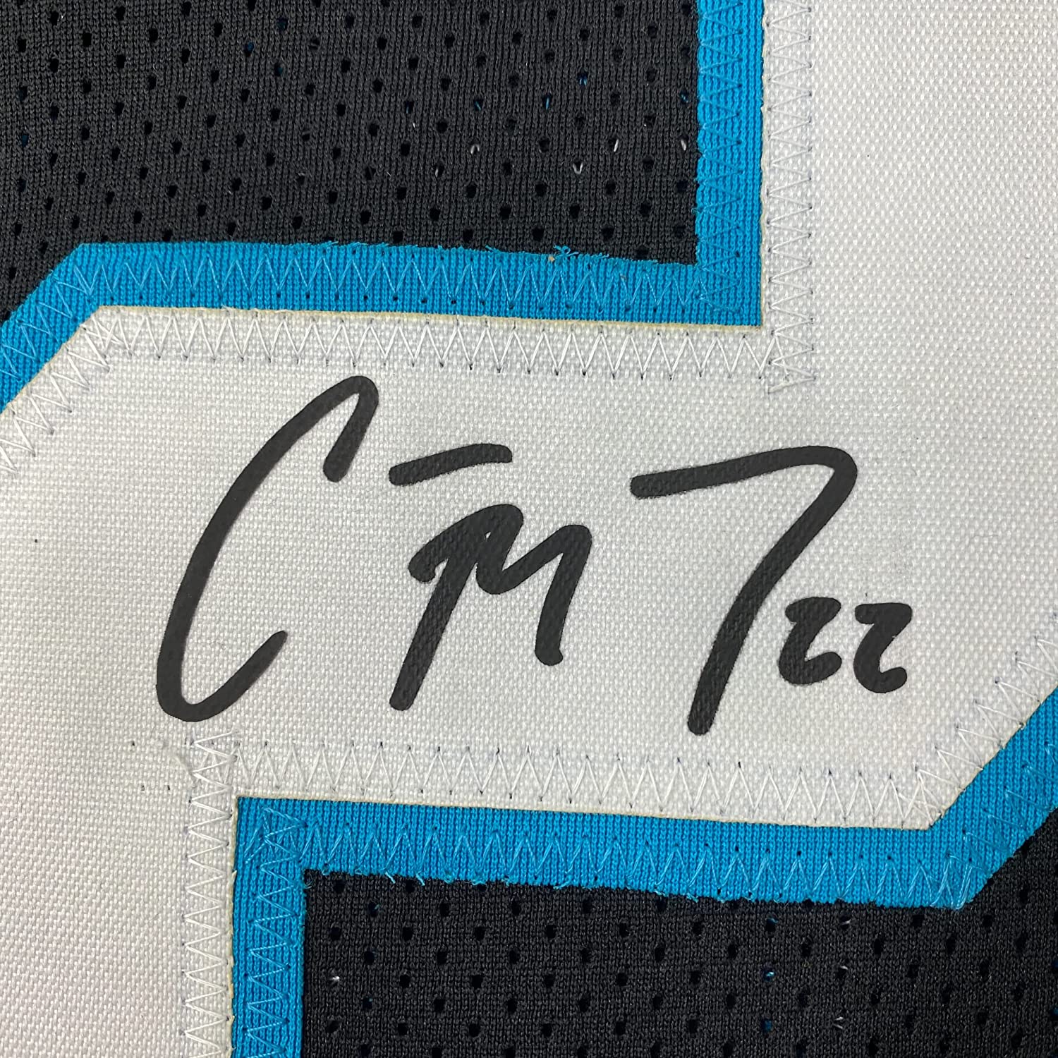 Framed Facsimile Autographed Christian McCaffrey 35x39 Carolina Black Reprint Laser Auto Football Jersey Size Men's XL
