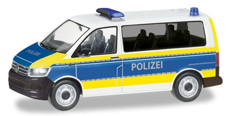 Herpa 94672 HO Scale Volkswagen T6 Passenger Van - Assembled -- Police (white, blue, yellow, German Lettering)