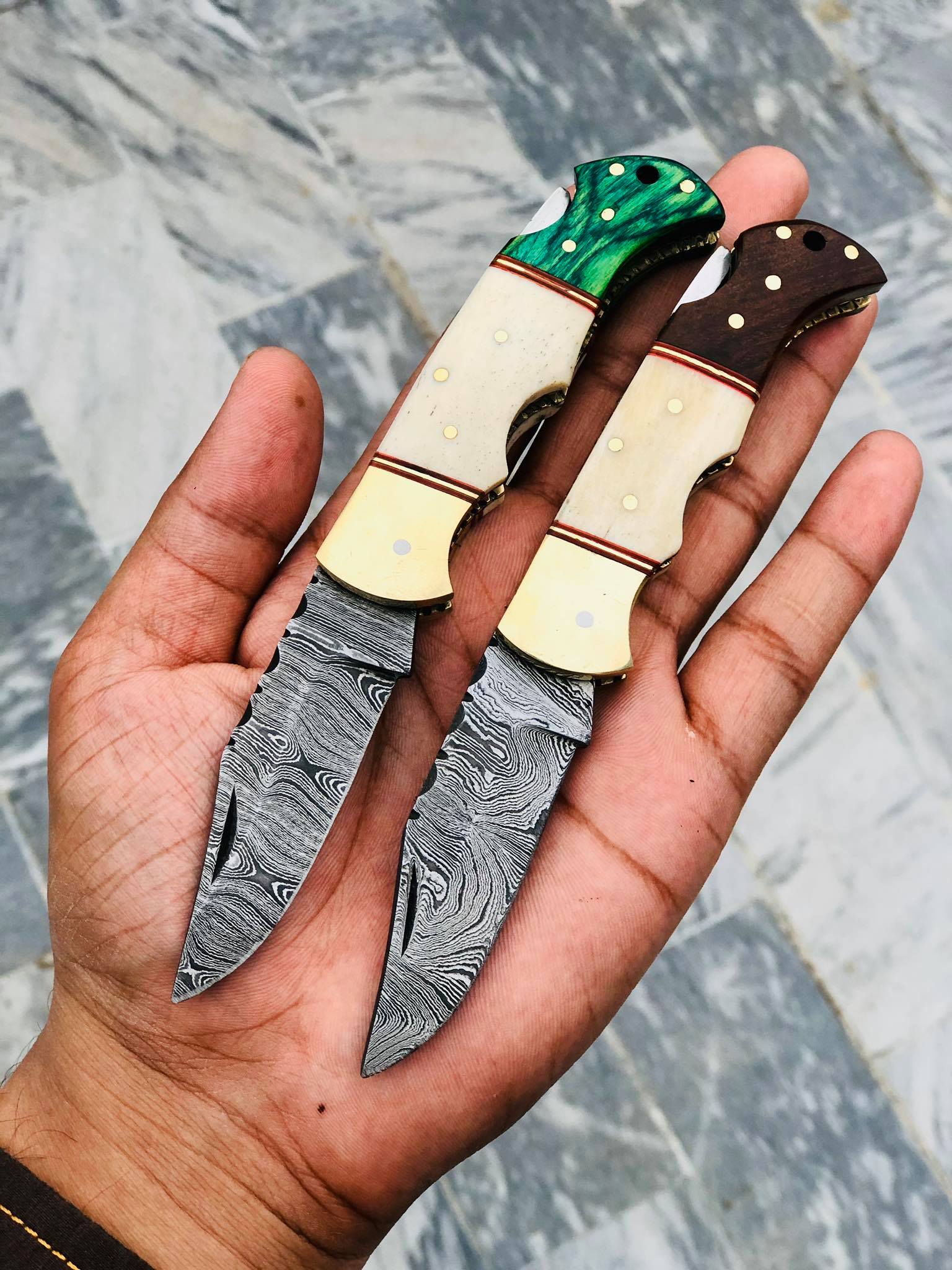 Top Quality Damascus Steel Folding Pocket Knife with Bone-Rosewood and Green Wood Handle, 3 Inches Blade Length