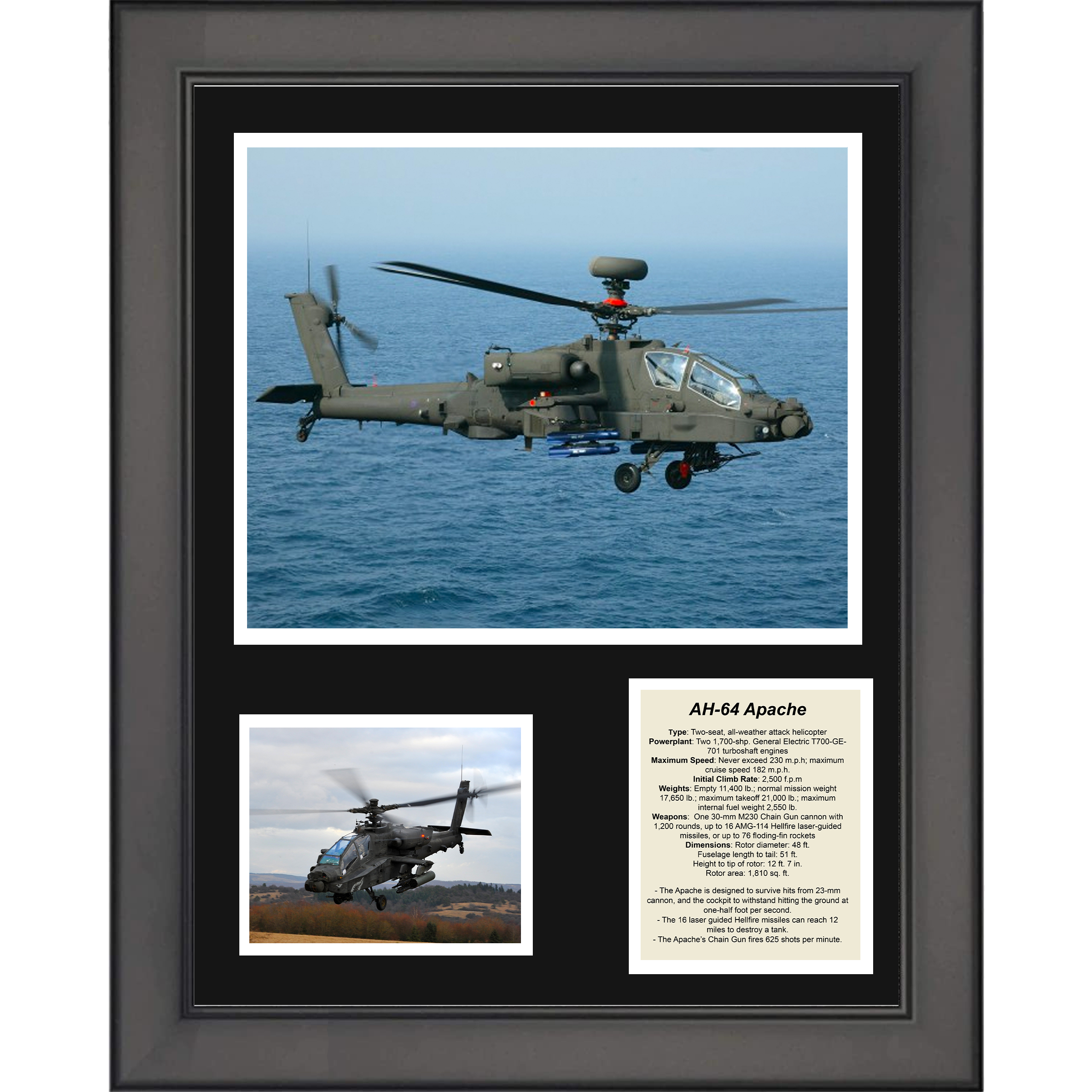 Framed AH-64 Apache Helicopter 11"x14"Military Three Photo Collage