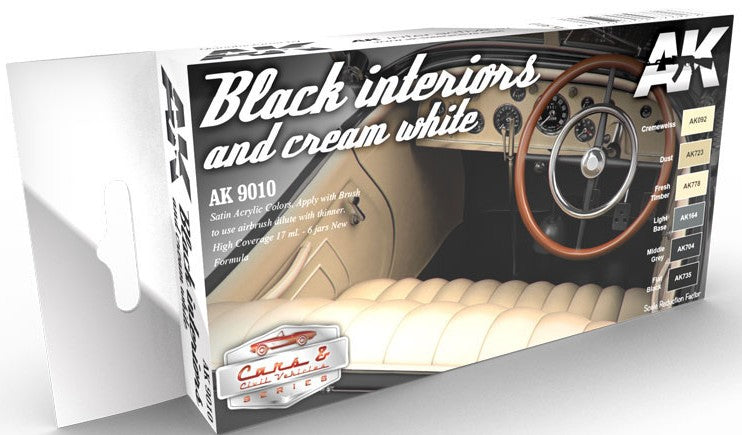 AK Interactive 9010 Cars & Civil Vehicles Series: Black & Cream White Interiors Acrylic Paint Set (6 Colors) 17ml Bottles