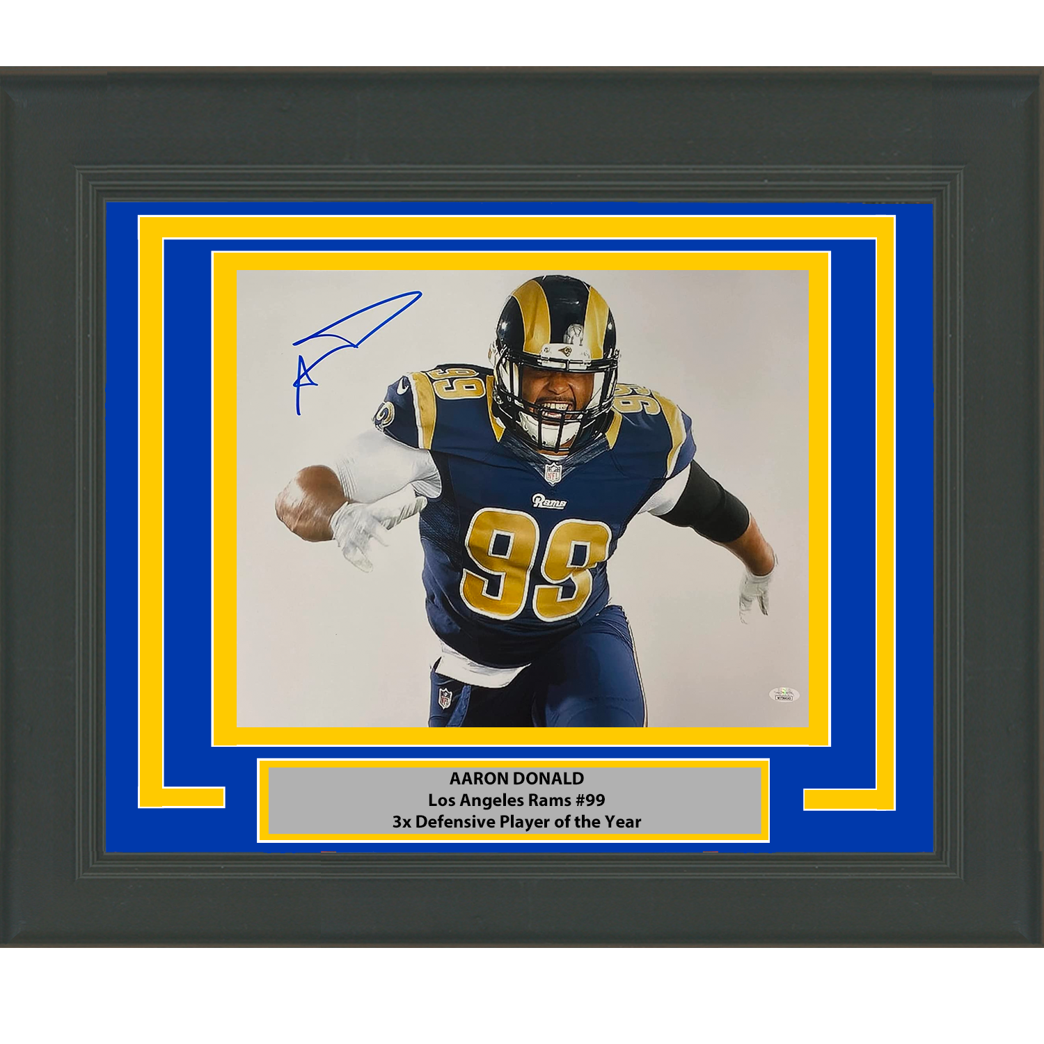 Framed Autographed/Signed Aaron Donald Los Angeles LA Rams 16x20 Football Photo JSA COA #6