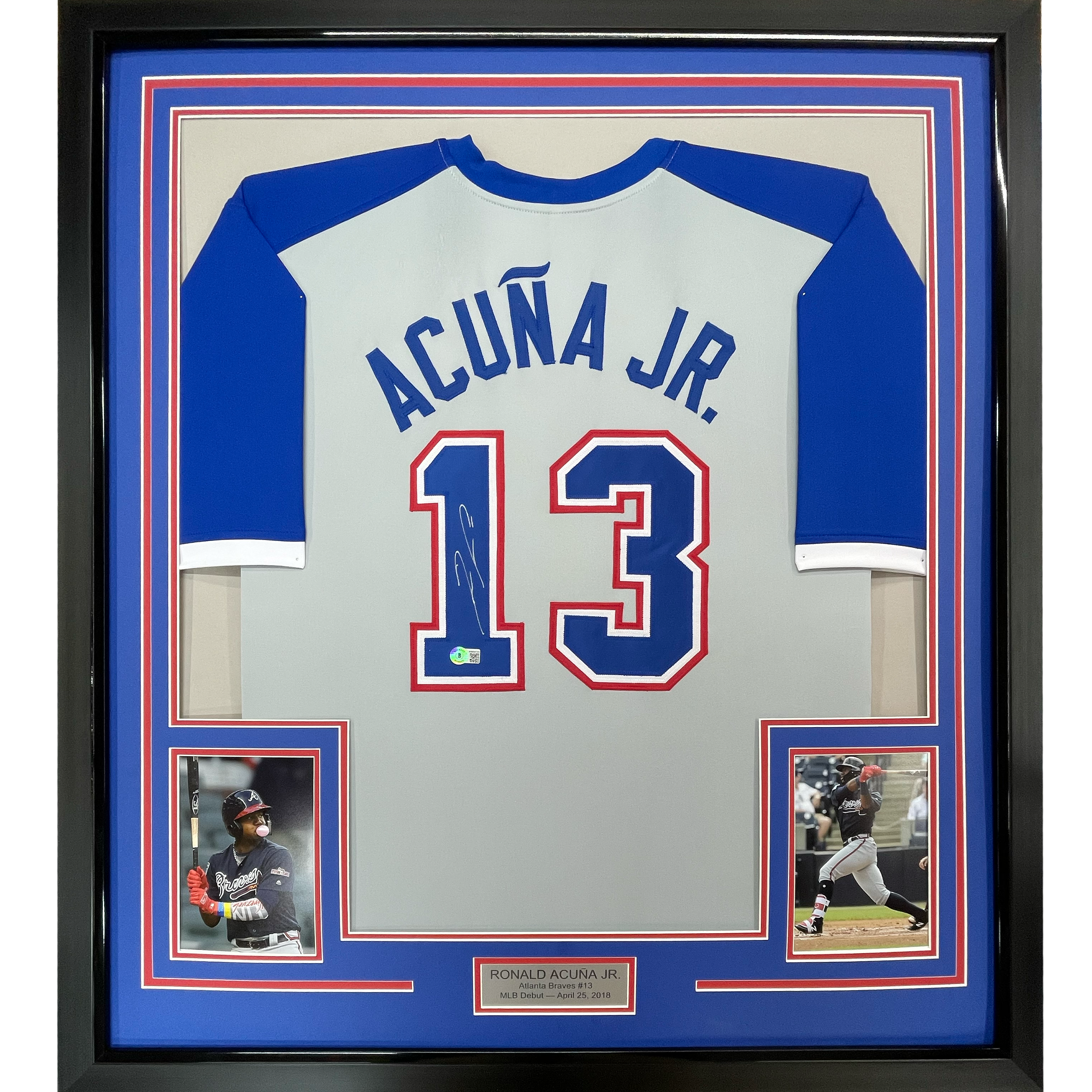 Framed Autographed/Signed Ronald Acuna Jr. 35x39 Atlanta Grey Retro Baseball Jersey Beckett BAS COA