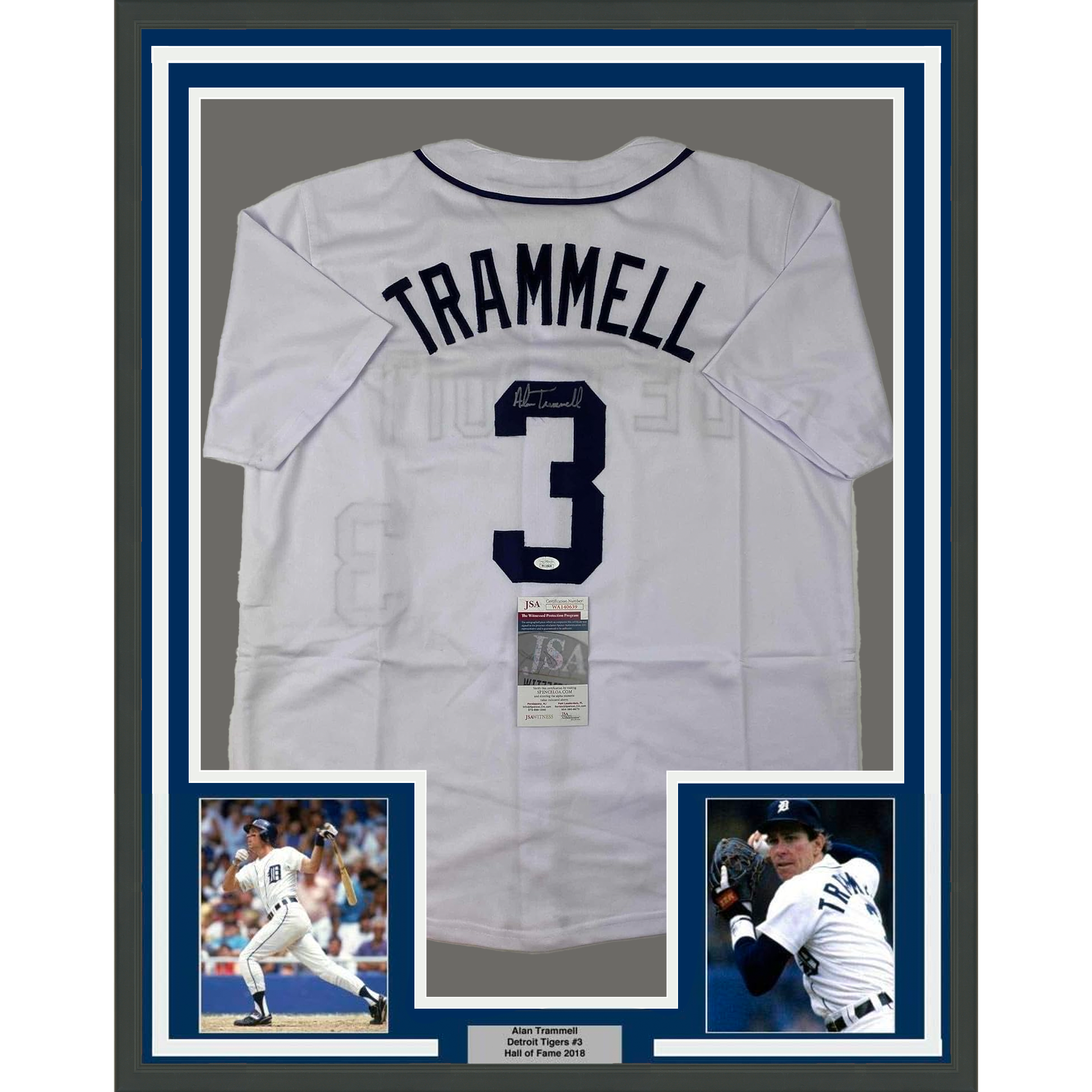 Framed Autographed/Signed Alan Trammell 35x39 Detroit White Baseball Jersey JSA COA