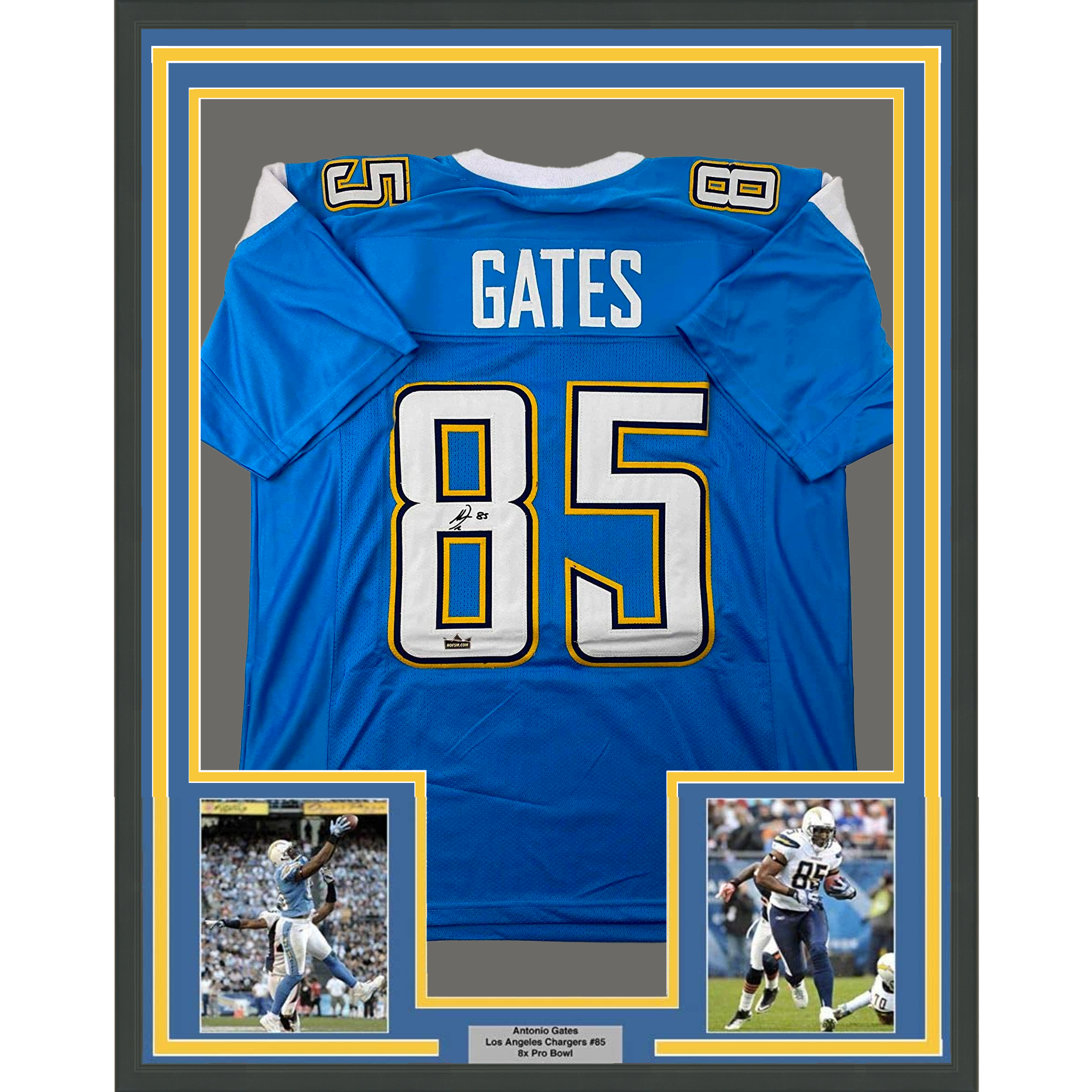 Framed Facsimile Autographed Antonio Gates 35x39 Los Angeles LA Powder Blue Reprint Laser Auto Football Jersey