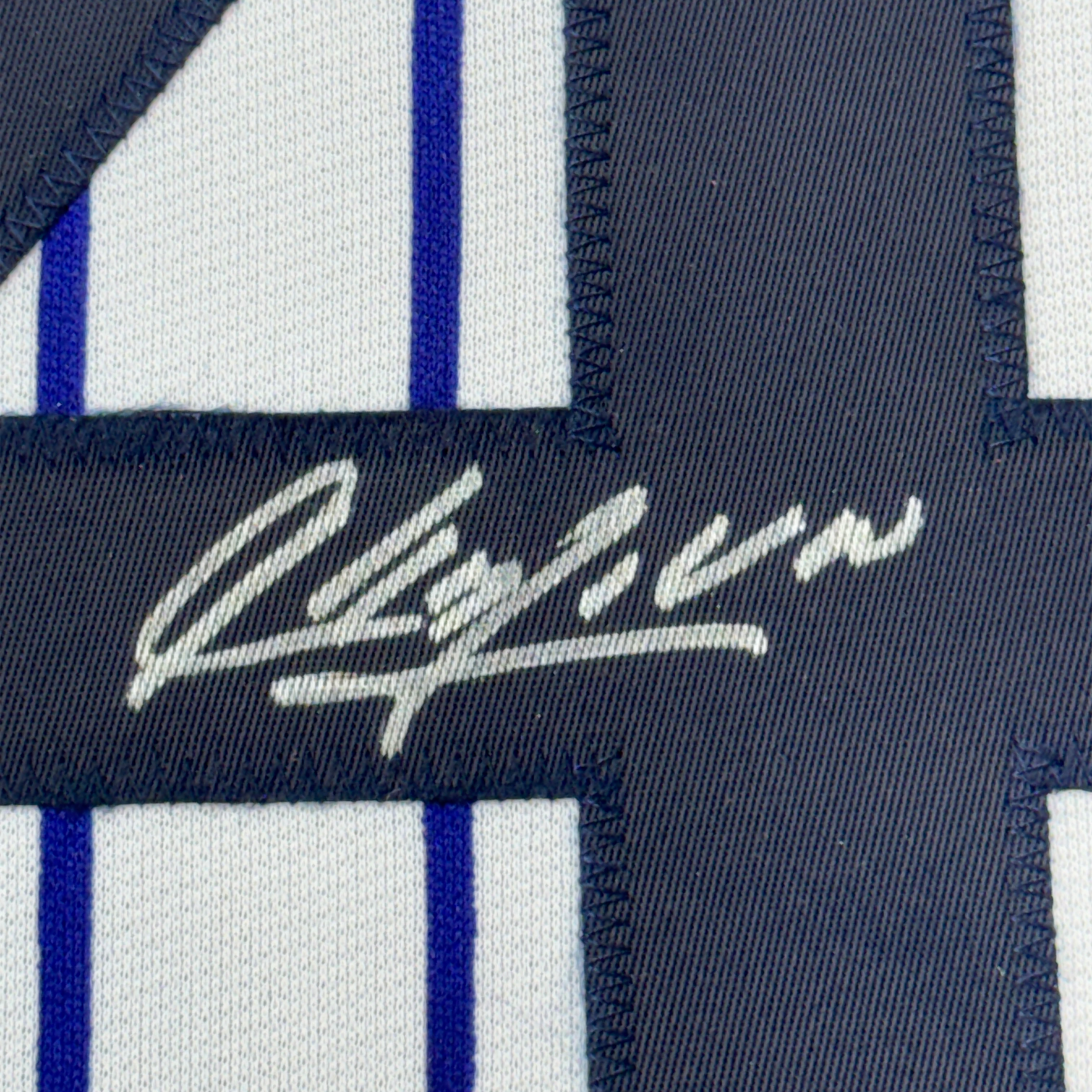 Framed Autographed/Signed Aroldis Chapman 35x39 New York Pinstripe Baseball Jersey Beckett BAS COA
