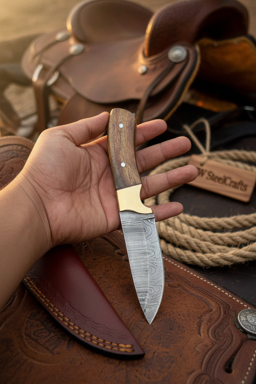 Handmade Damascus Field Knife 8” Bushcraft Knife Wood Handle with Leather Sheath