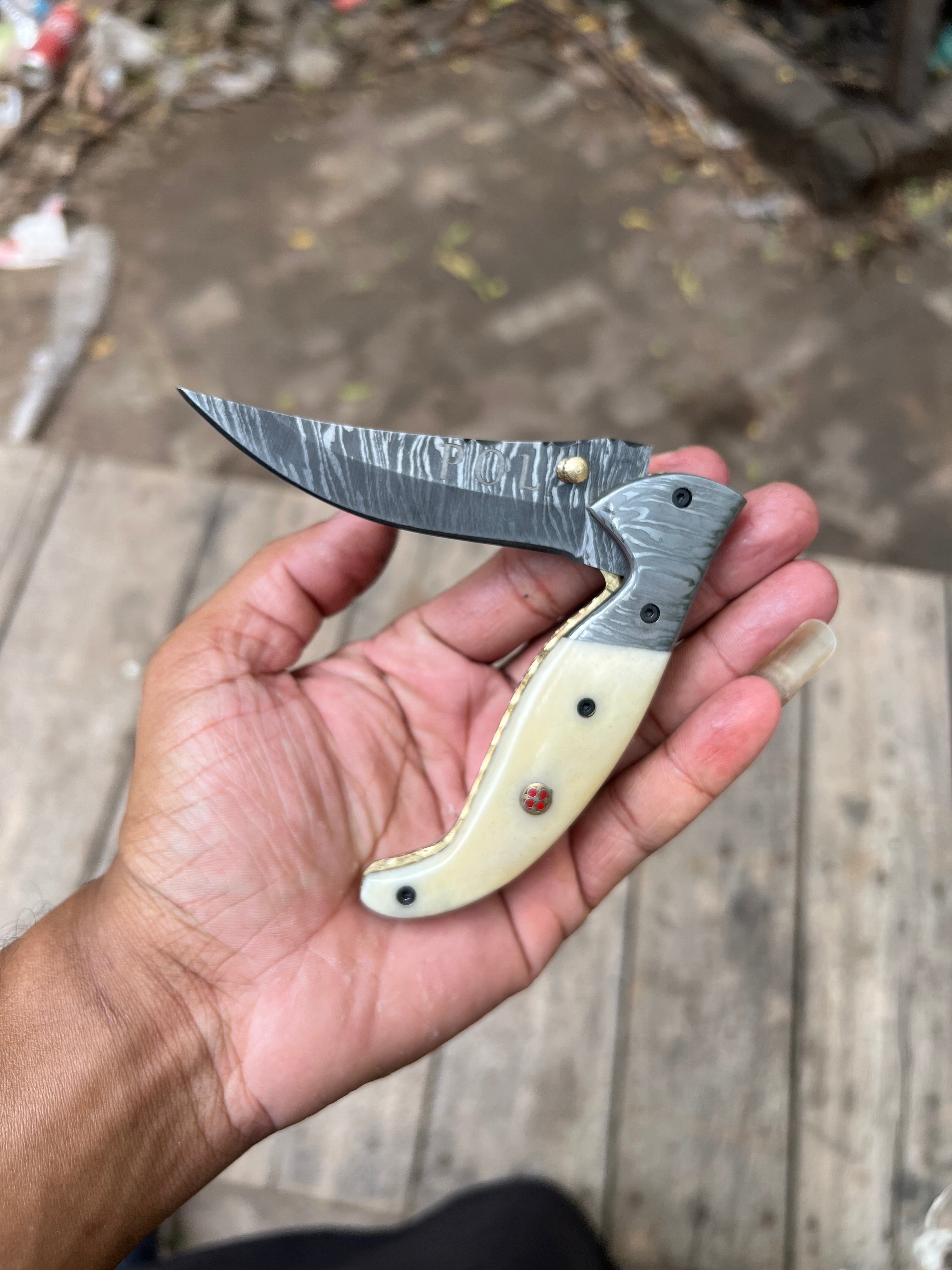 Handmade Damascus Folding Knife with Bone Handle – Compact EDC Pocket Knife with Leather Sheath