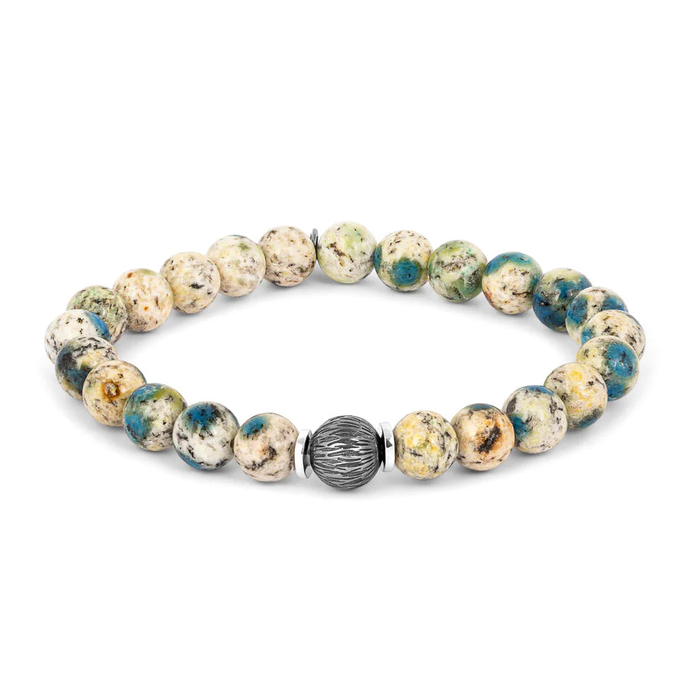 Lhasa Graffiato Beaded Bracelet in Rhodium Silver with Cream and Blue Azurite