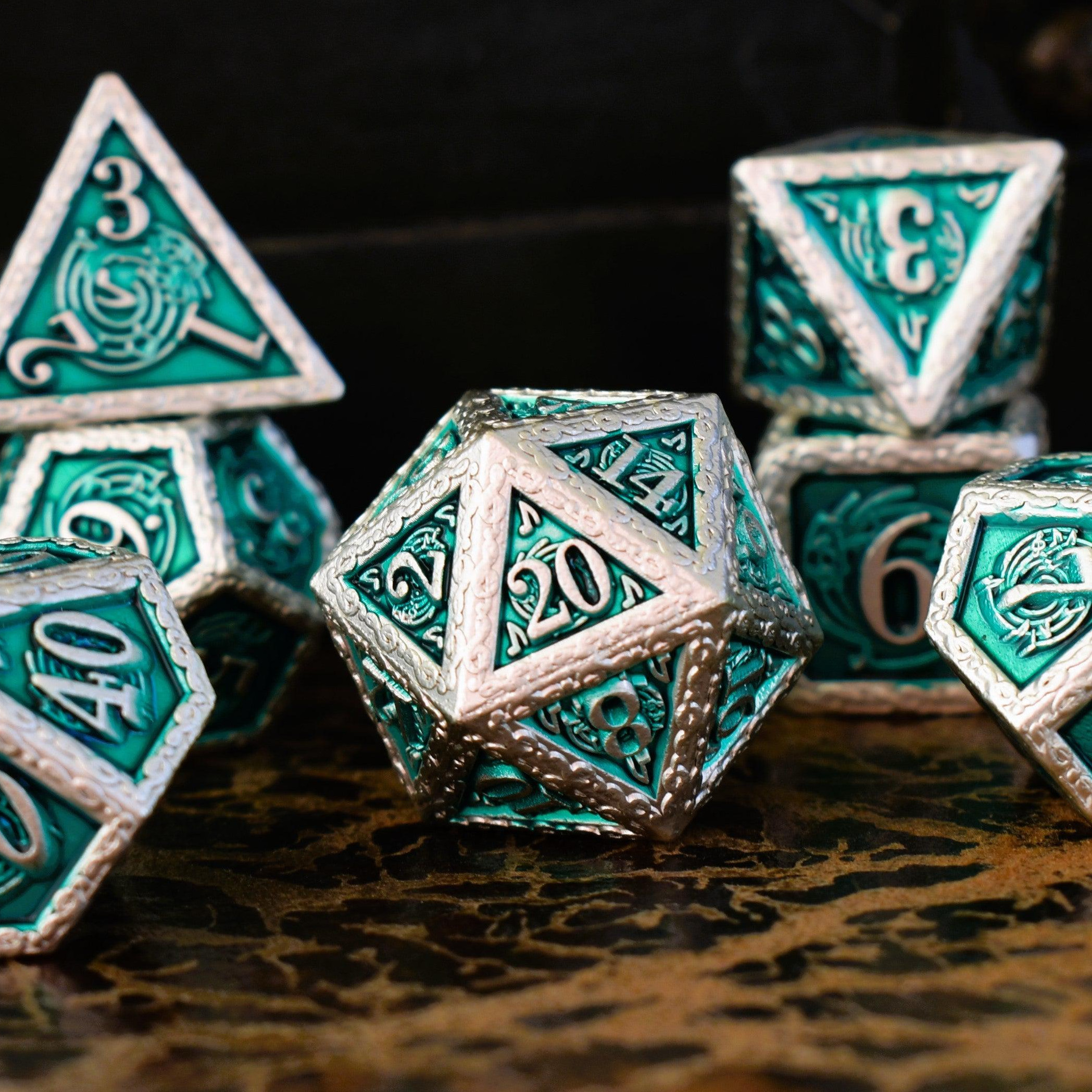 Ballad of the Bard Green and Silver Metal Dice Set